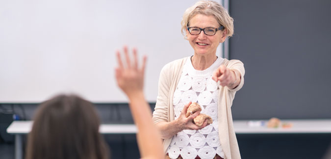 Teacher pointing to a raised hand